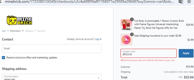 MineBrick checkout page showing MineBrick discount code box | Screenshot taken by SimplyCodes community member on Mar 3, 2025