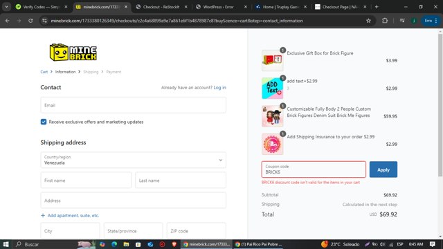 MineBrick checkout page showing MineBrick discount code box | Screenshot taken by SimplyCodes community member on Mar 3, 2025