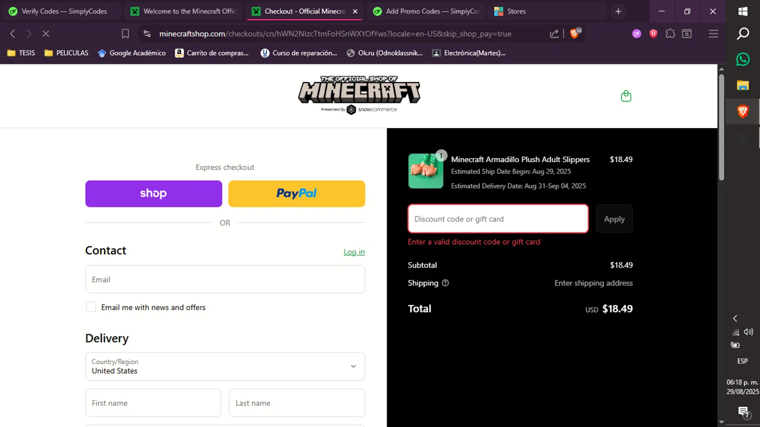 Minecraft promo code screenshot showing code BACKTOSCHOOL applied at Minecraft checkout page. Uploaded by SimplyCodes community member xXdevoragoticas69Xx on Aug 29, 2025