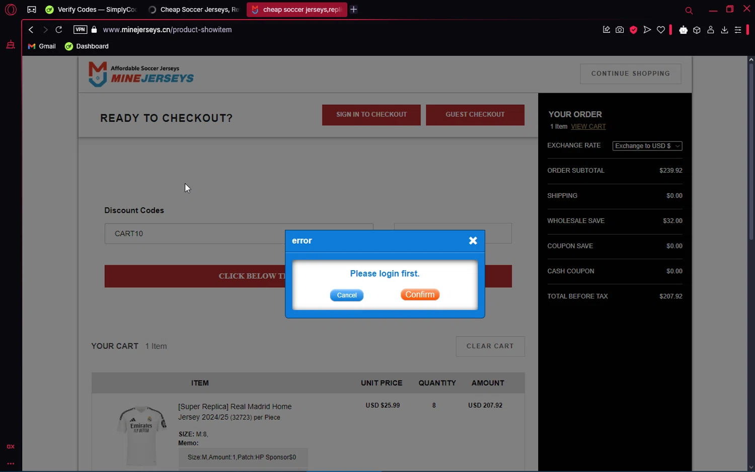 MineJerseys promo code screenshot showing code CART10 applied at MineJerseys checkout page. Uploaded by SimplyCodes community member editor_1 on Feb 10, 2025