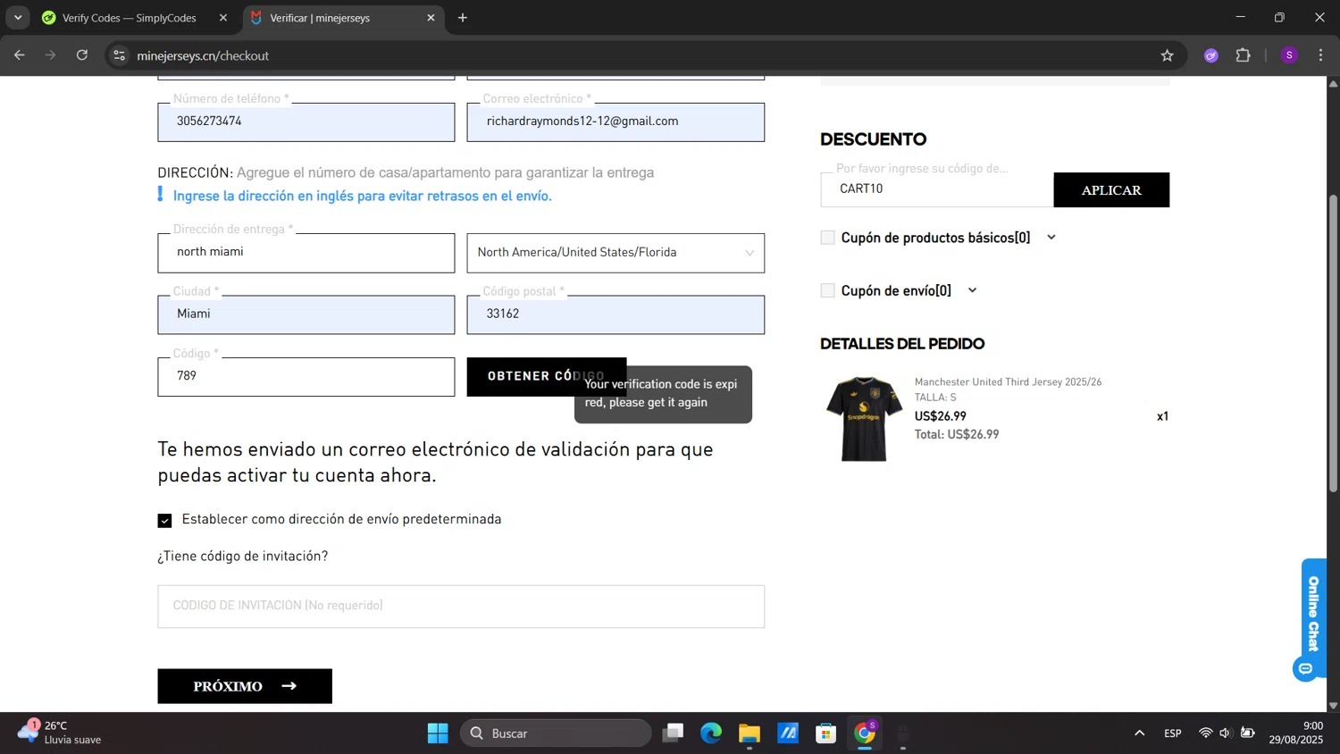 MineJerseys promo code screenshot showing code CART10 applied at MineJerseys checkout page. Uploaded by SimplyCodes community member sorialbam on Aug 29, 2025