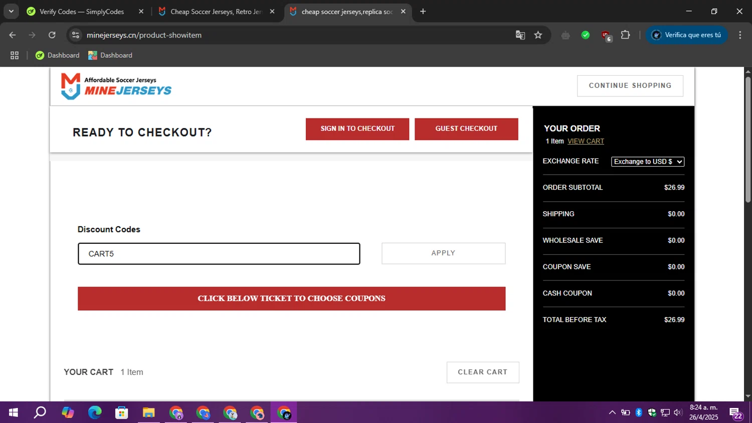 MineJerseys promo code screenshot showing code Cart5 applied at MineJerseys checkout page. Uploaded by SimplyCodes community member BudgetOwl2519 on Apr 26, 2025