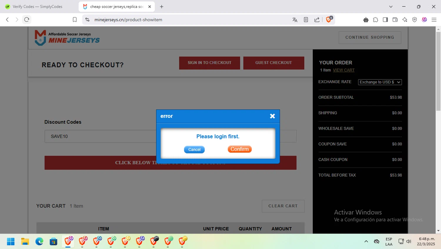 MineJerseys checkout page showing MineJerseys promo code box | Screenshot taken by SimplyCodes community member on Mar 22, 2025
