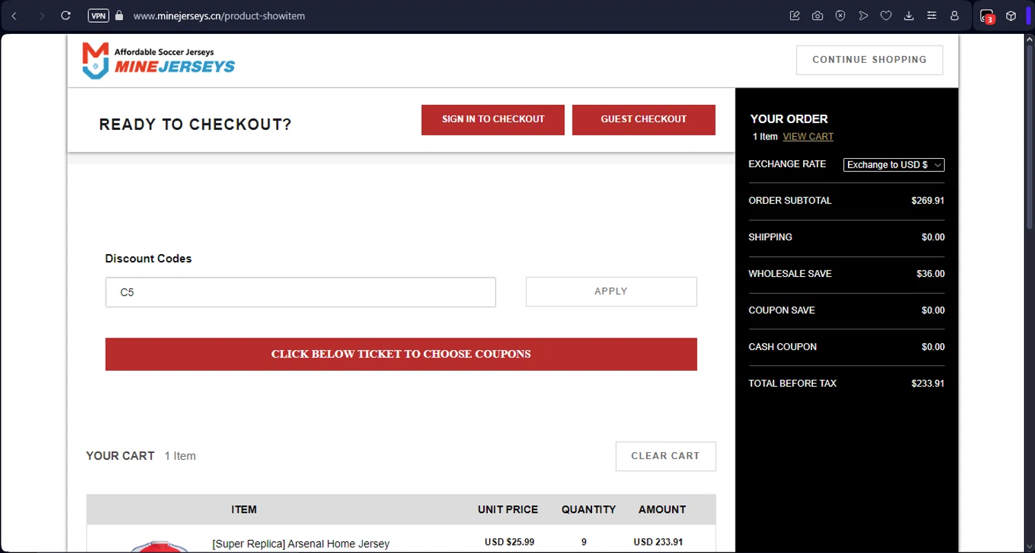 MineJerseys promo code screenshot showing code C5 applied at MineJerseys checkout page. Uploaded by SimplyCodes community member Mr_fran on Jan 18, 2025