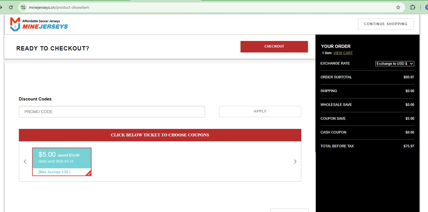 MineJerseys promo code screenshot showing code C5 applied at MineJerseys checkout page. Uploaded by SimplyCodes community member CoinOwl9375 on Mar 17, 2025