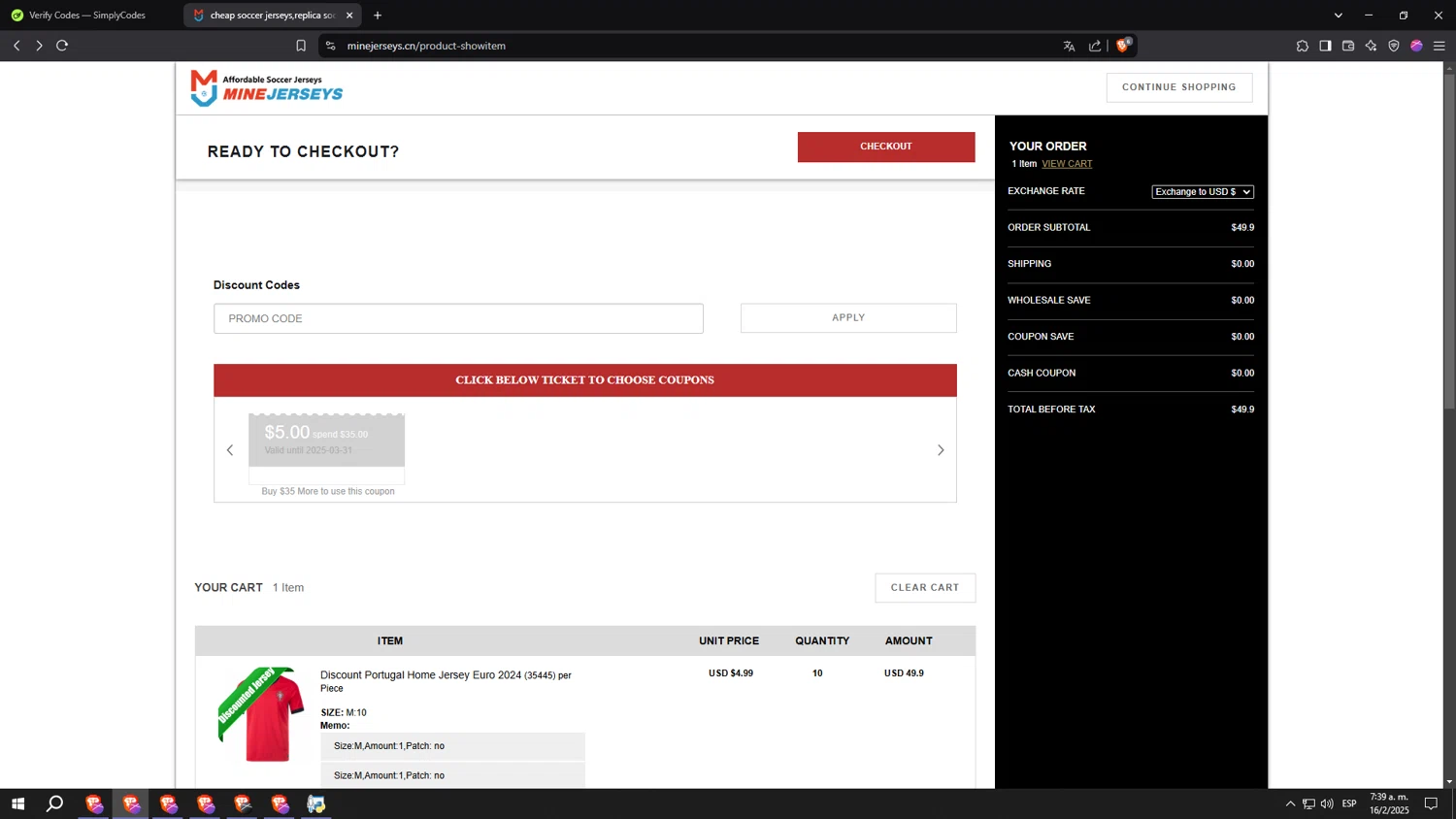 MineJerseys promo code screenshot showing code C5 applied at MineJerseys checkout page. Uploaded by SimplyCodes community member aaaaaaaaaaaaaaaa on Feb 16, 2025