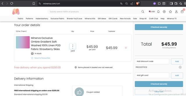 Minerva Crafts checkout page showing Minerva Crafts discount code box | Screenshot taken by SimplyCodes community member on Aug 25, 2025