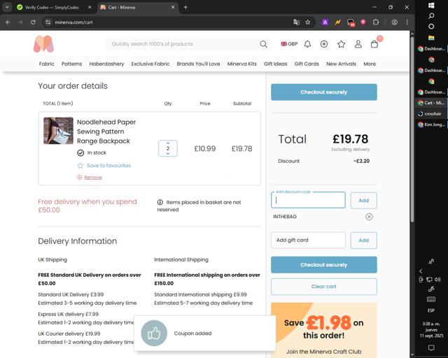 Minerva Crafts checkout page showing Minerva Crafts discount code box | Screenshot taken by SimplyCodes community member on Sep 11, 2025