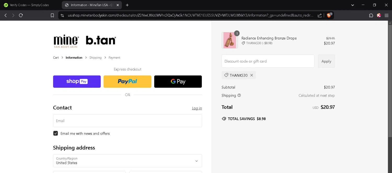 MineTan coupon code screenshot showing code THANKS30 applied at MineTan checkout page. Uploaded by SimplyCodes community member JosephStevens774 on Feb 21, 2025