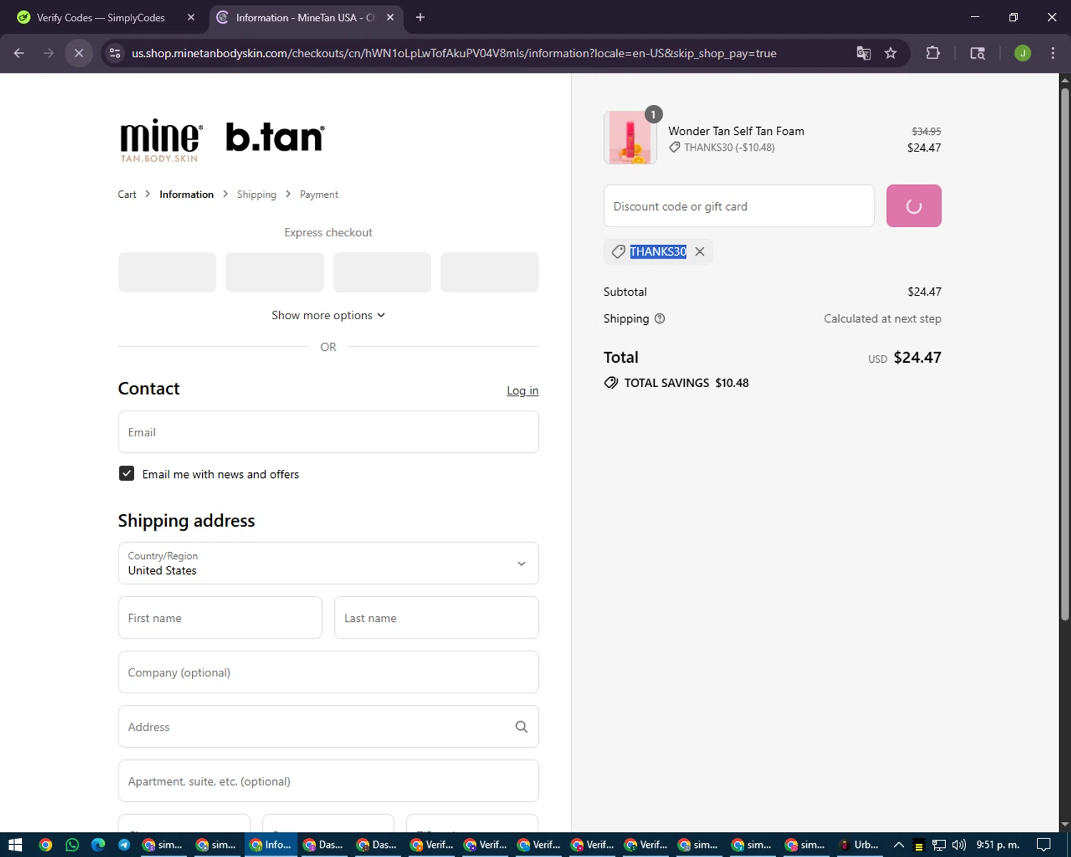 MineTan coupon code screenshot showing code THANKS30 applied at MineTan checkout page. Uploaded by SimplyCodes community member LilBaby on Aug 15, 2025
