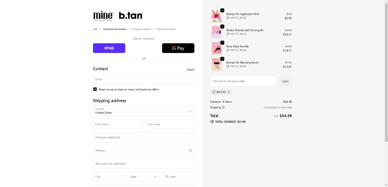 MineTan coupon code screenshot showing code KAIT25 applied at MineTan checkout page. Uploaded by SimplyCodes community member BargainCurator5453 on Oct 18, 2025