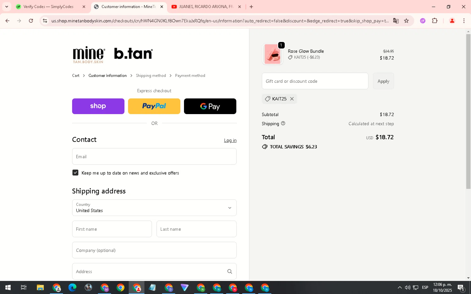 MineTan coupon code screenshot showing code KAIT25 applied at MineTan checkout page. Uploaded by SimplyCodes community member WiseHero7115 on Oct 18, 2025