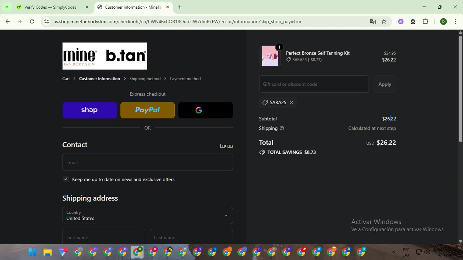 MineTan coupon code screenshot showing code SARA25 applied at MineTan checkout page. Uploaded by SimplyCodes community member BargainGuardian5495 on Oct 14, 2025