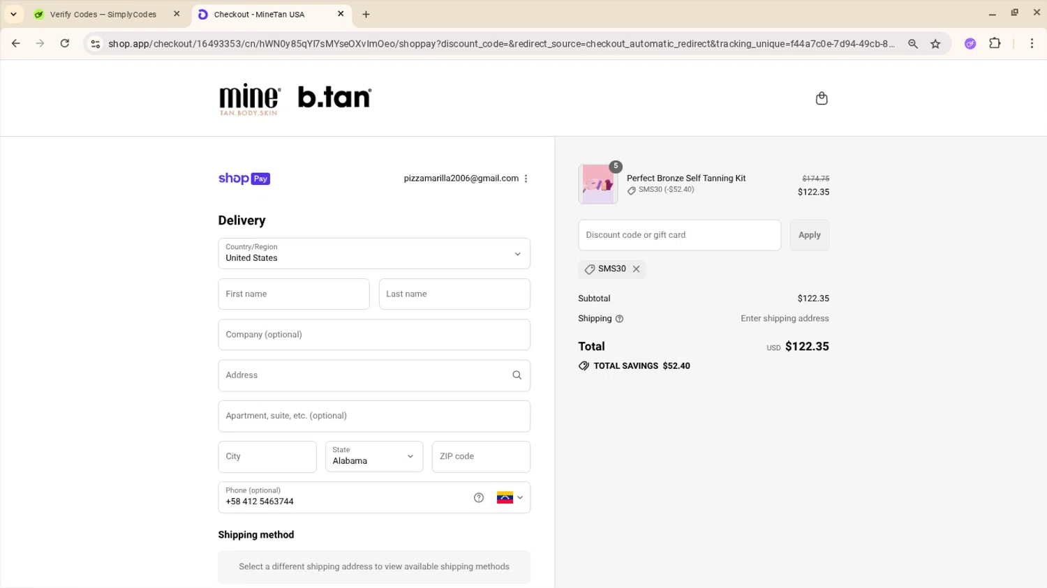 MineTan coupon code screenshot showing code SMS30 applied at MineTan checkout page. Uploaded by SimplyCodes community member AJOTAA on Jul 23, 2025