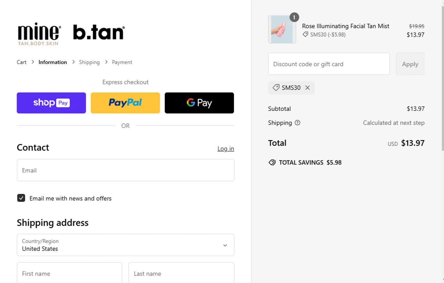 MineTan coupon code screenshot showing code SMS30 applied at MineTan checkout page. Uploaded by SimplyCodes community member MagnificentFalcon188 on Feb 4, 2025