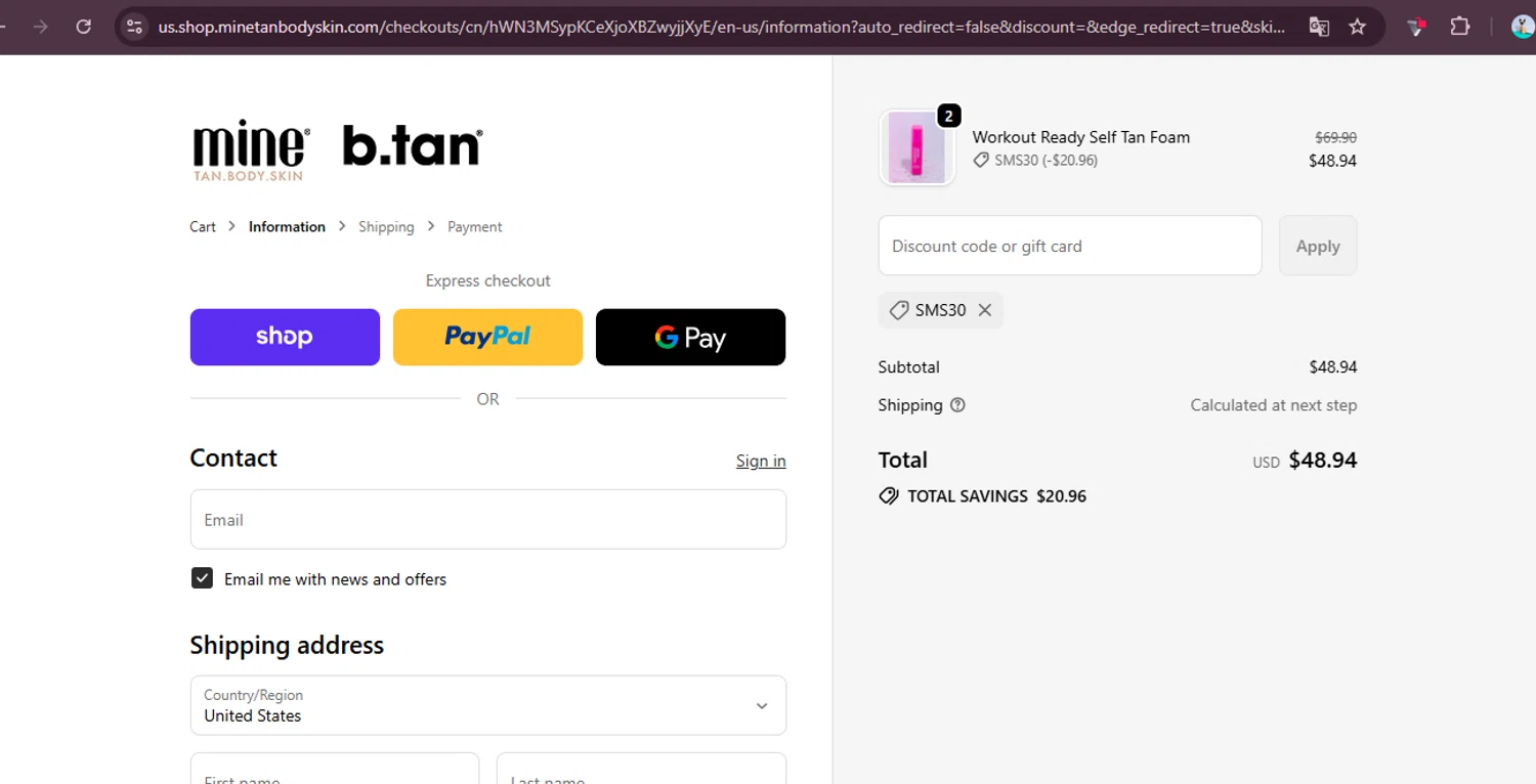 MineTan coupon code screenshot showing code SMS30 applied at MineTan checkout page. Uploaded by SimplyCodes community member elgatobravo on Sep 24, 2025