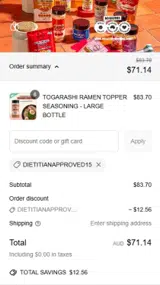 DIETITIANAPPROVED15 coupon verification screenshot