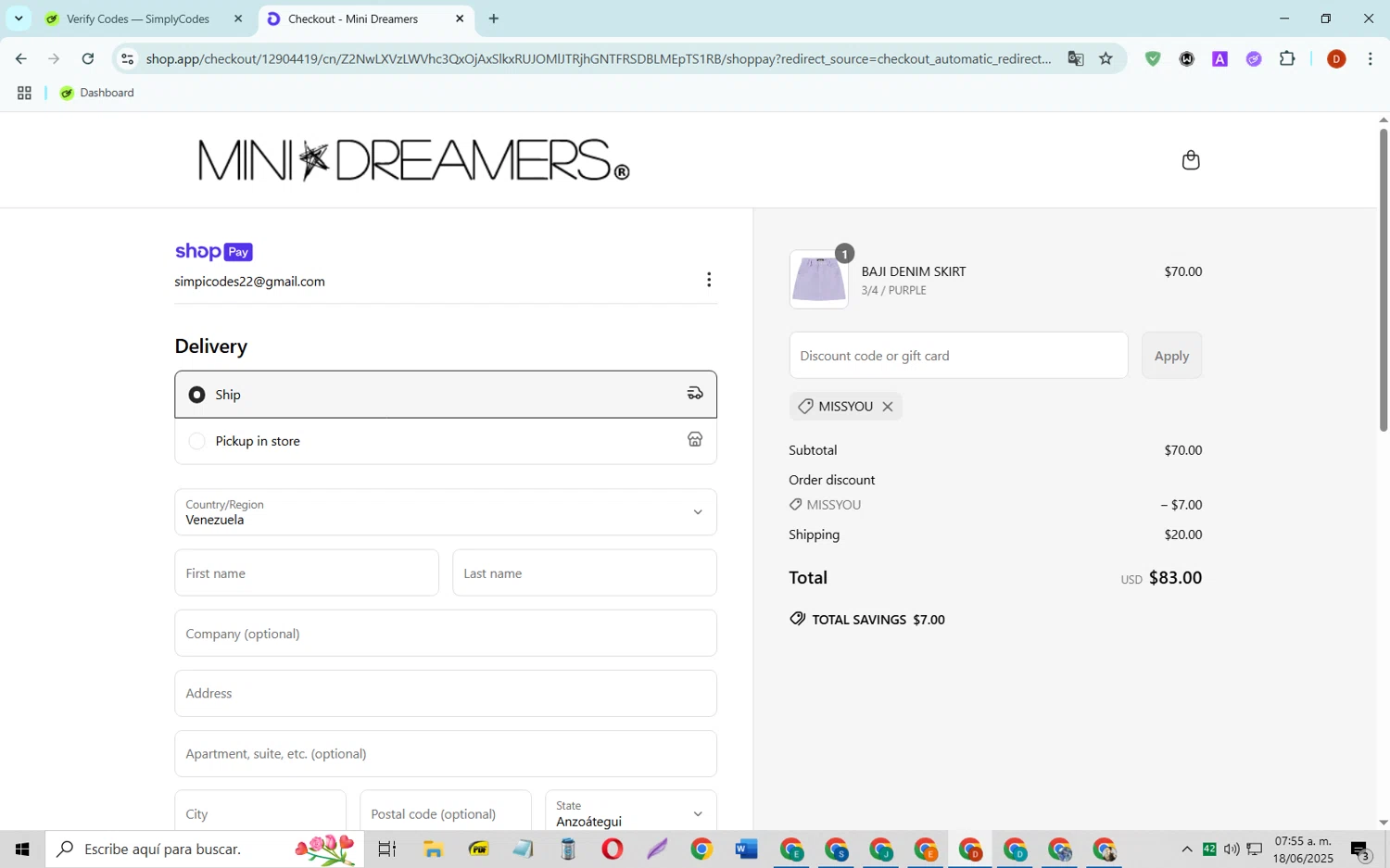Mini Dreamers promo code screenshot showing code MISSYOU applied at Mini Dreamers checkout page. Uploaded by SimplyCodes community member SaleSaver3540 on Jun 18, 2025