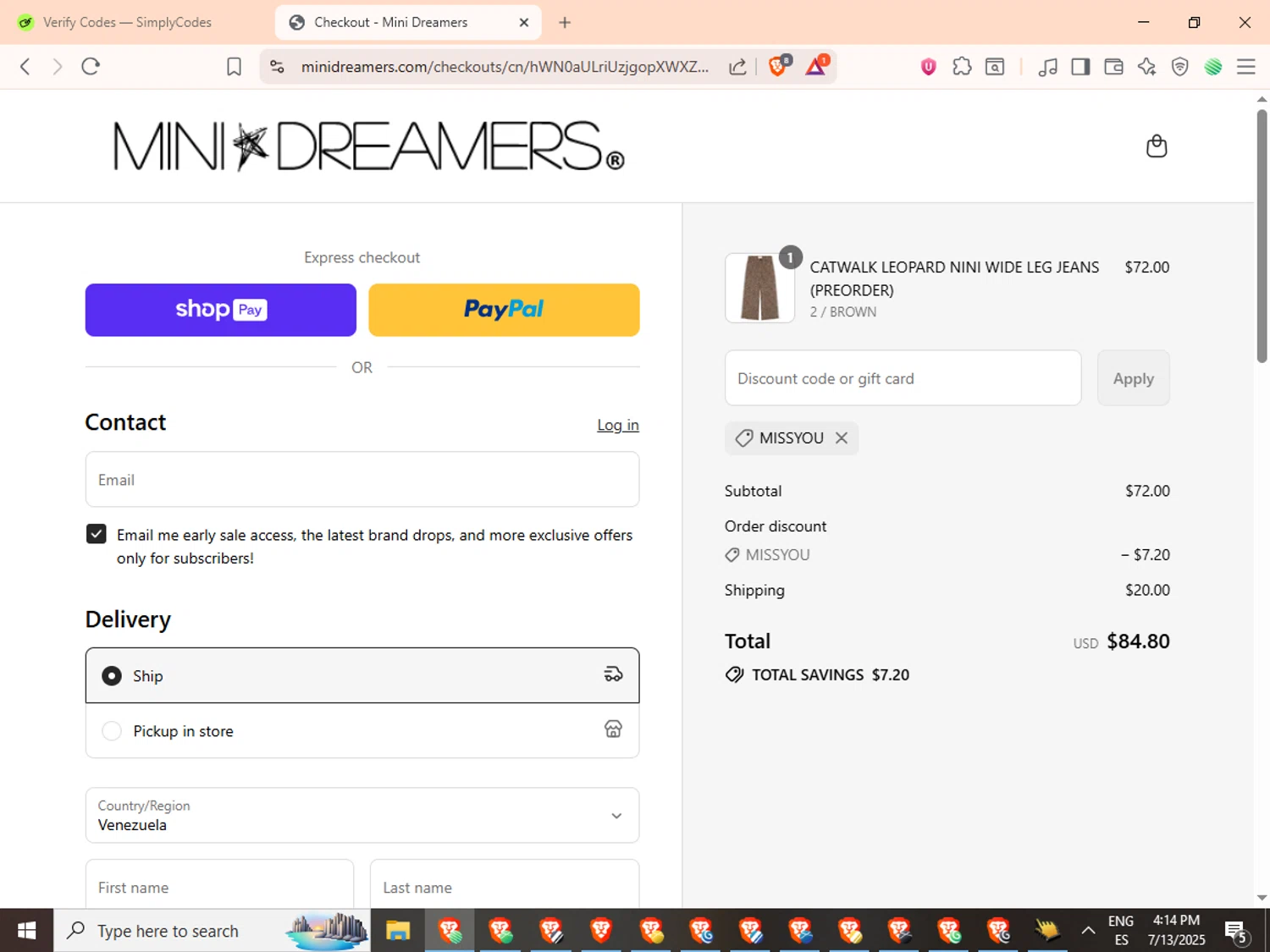 Mini Dreamers promo code screenshot showing code MISSYOU applied at Mini Dreamers checkout page. Uploaded by SimplyCodes community member SwiftMaverick5973 on Jul 13, 2025