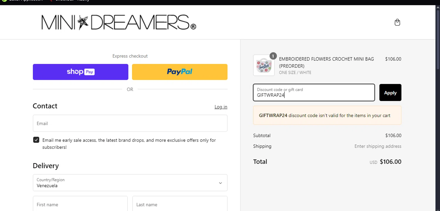 Mini Dreamers promo code screenshot showing code GIFTWRAP24 applied at Mini Dreamers checkout page. Uploaded by SimplyCodes community member RebateSpotter2821 on Mar 3, 2025