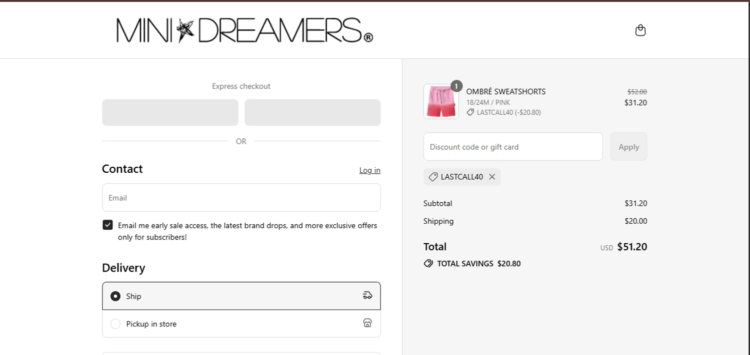 Mini Dreamers promo code screenshot showing code LASTCALL40 applied at Mini Dreamers checkout page. Uploaded by SimplyCodes community member juanisaac on Jul 22, 2025