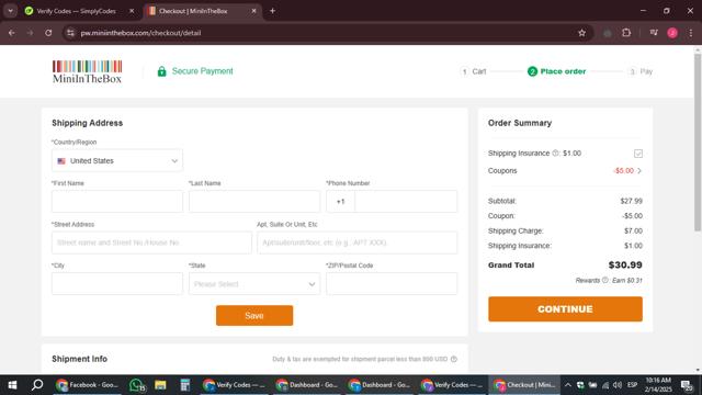 MiniInTheBox checkout page showing MiniInTheBox discount code box | Screenshot taken by SimplyCodes community member on Feb 14, 2025