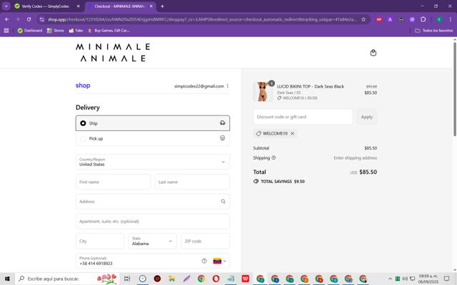 Minimale Animale checkout page showing Minimale Animale promo code box | Screenshot taken by SimplyCodes community member on Sep 6, 2025