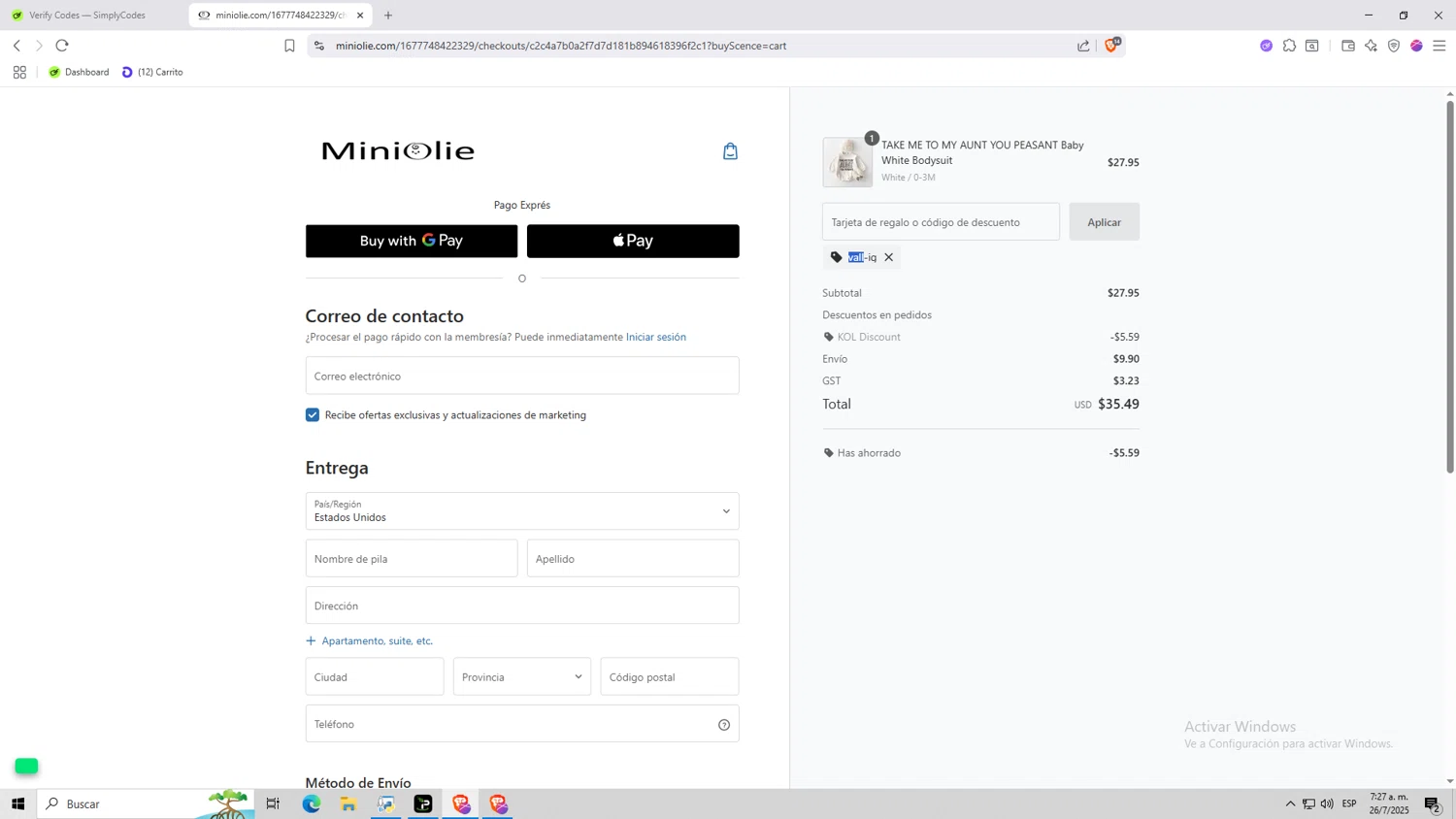 MiniOlie coupon code screenshot showing code VALL-IG applied at MiniOlie checkout page. Uploaded by SimplyCodes community member Monitos on Jul 26, 2025