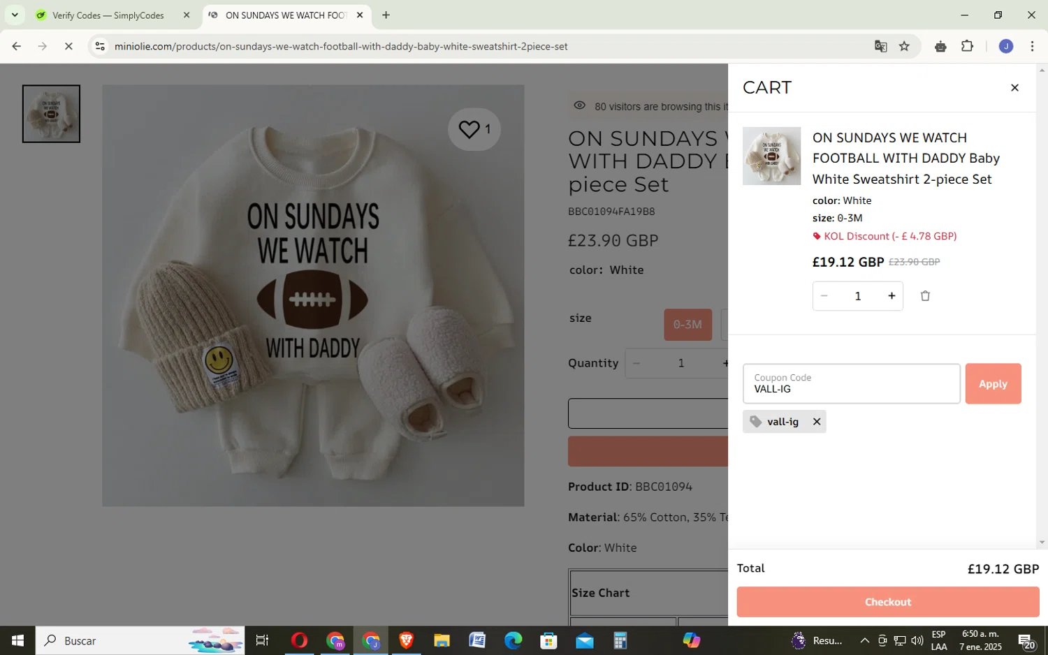 MiniOlie coupon code screenshot showing code VALL-IG applied at MiniOlie checkout page. Uploaded by SimplyCodes community member EpicSage3474 on Jan 7, 2025
