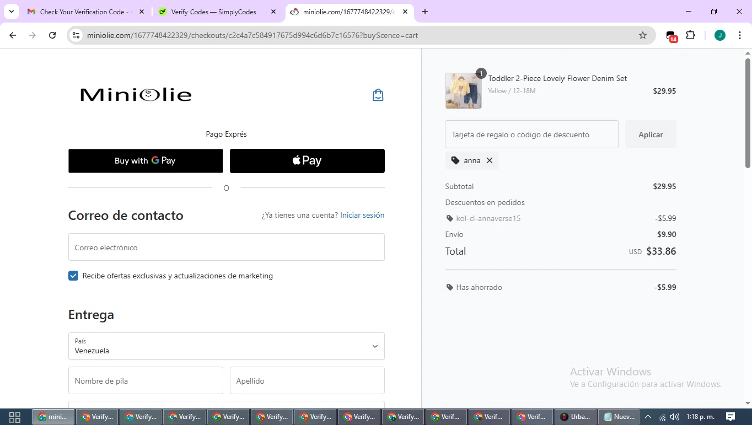 MiniOlie coupon code screenshot showing code ANNA applied at MiniOlie checkout page. Uploaded by SimplyCodes community member SavvyCurator1770 on Nov 12, 2025