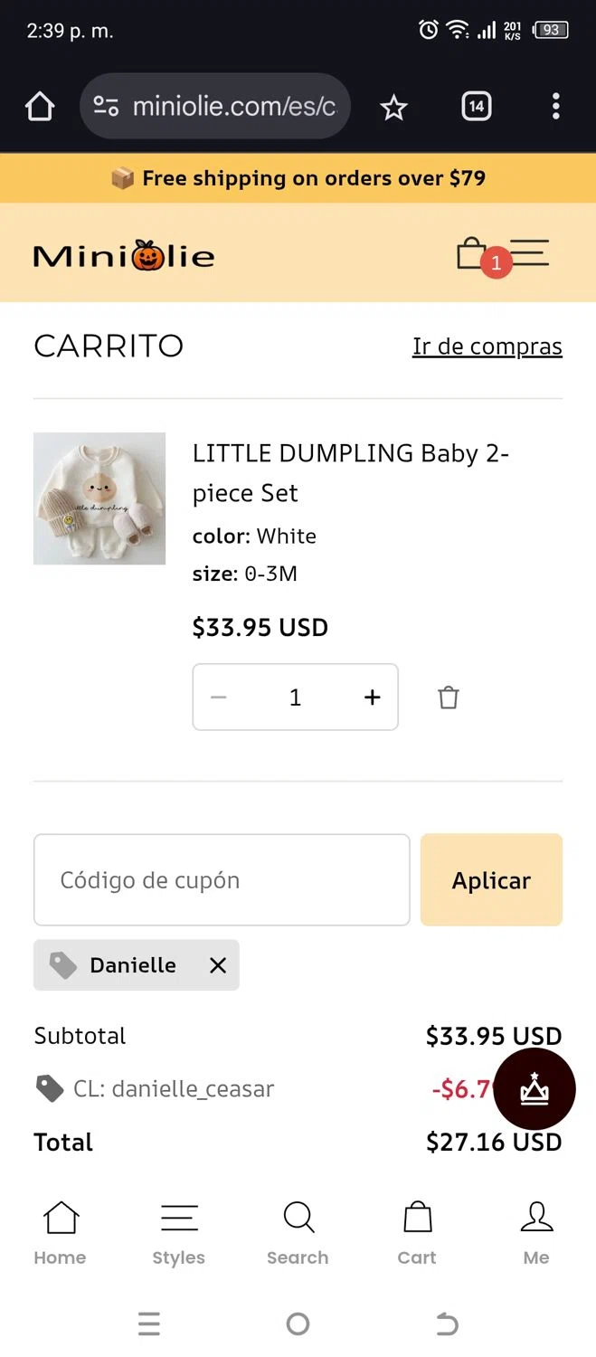 MiniOlie coupon code screenshot showing code danielle applied at MiniOlie checkout page. Uploaded by SimplyCodes community member jorgeston on Oct 14, 2025