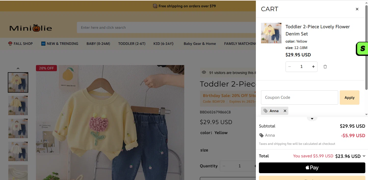 MiniOlie coupon code screenshot showing code ANNA applied at MiniOlie checkout page. Uploaded by SimplyCodes community member Mileidy on Sep 15, 2025
