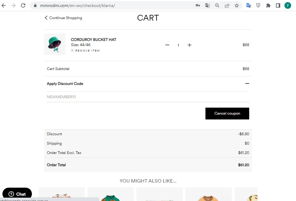 Mini Rodini checkout page showing Mini Rodini coupon code box | Screenshot taken by SimplyCodes community member on Feb 22, 2023