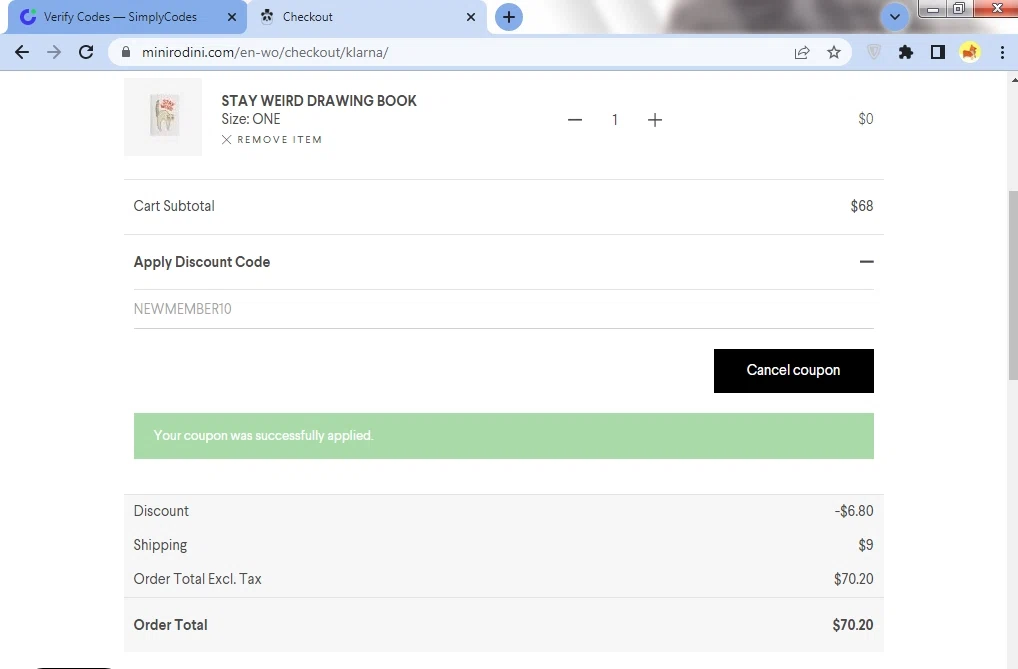 Mini Rodini checkout page showing Mini Rodini coupon code box | Screenshot taken by SimplyCodes community member on Aug 2, 2022