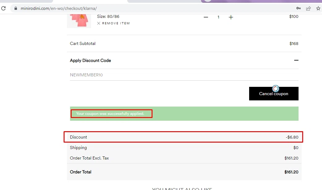 Mini Rodini checkout page showing Mini Rodini coupon code box | Screenshot taken by SimplyCodes community member on Nov 27, 2022