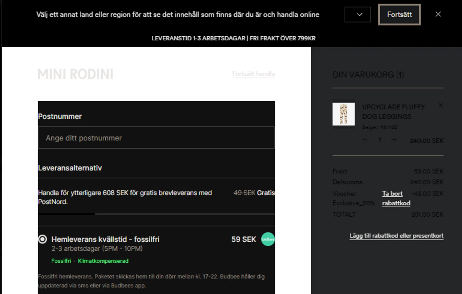 Mini Rodini checkout page showing Mini Rodini coupon code box | Screenshot taken by SimplyCodes community member on Oct 13, 2023