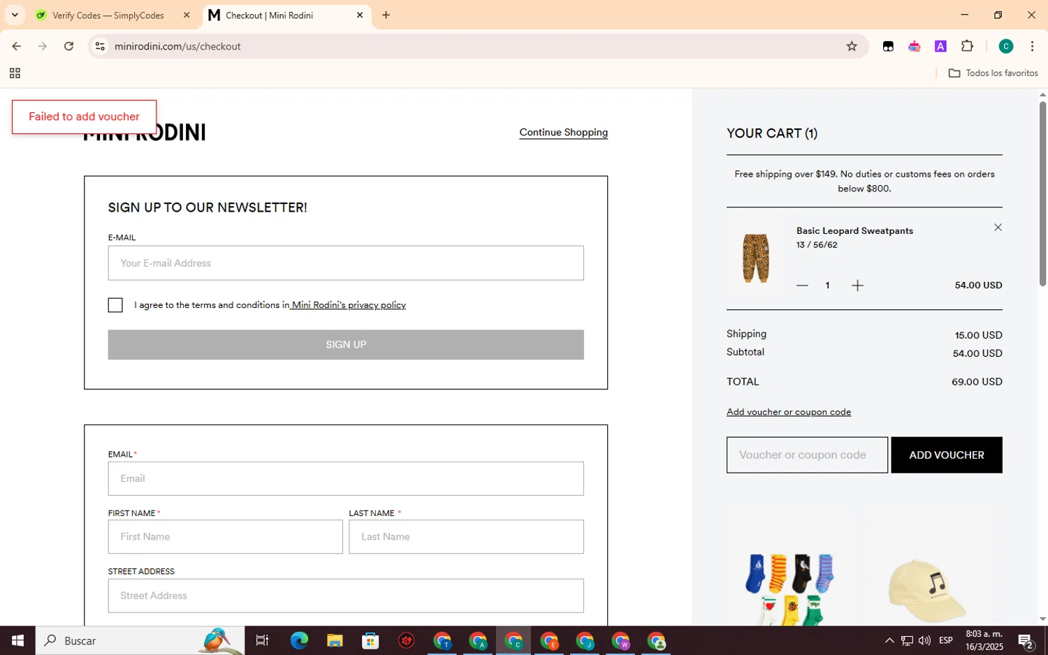 Mini Rodini coupon code screenshot showing code 3FOR2BASICS applied at Mini Rodini checkout page. Uploaded by SimplyCodes community member EpicSpotter3493 on Mar 16, 2025