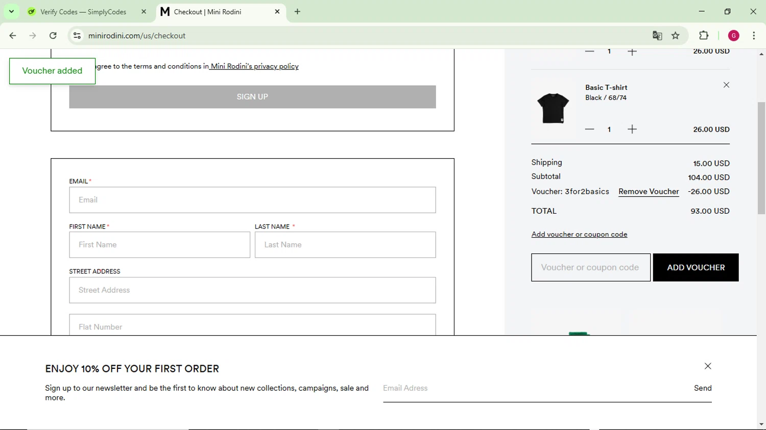 Mini Rodini checkout page showing Mini Rodini coupon code box | Screenshot taken by SimplyCodes community member on Feb 15, 2025