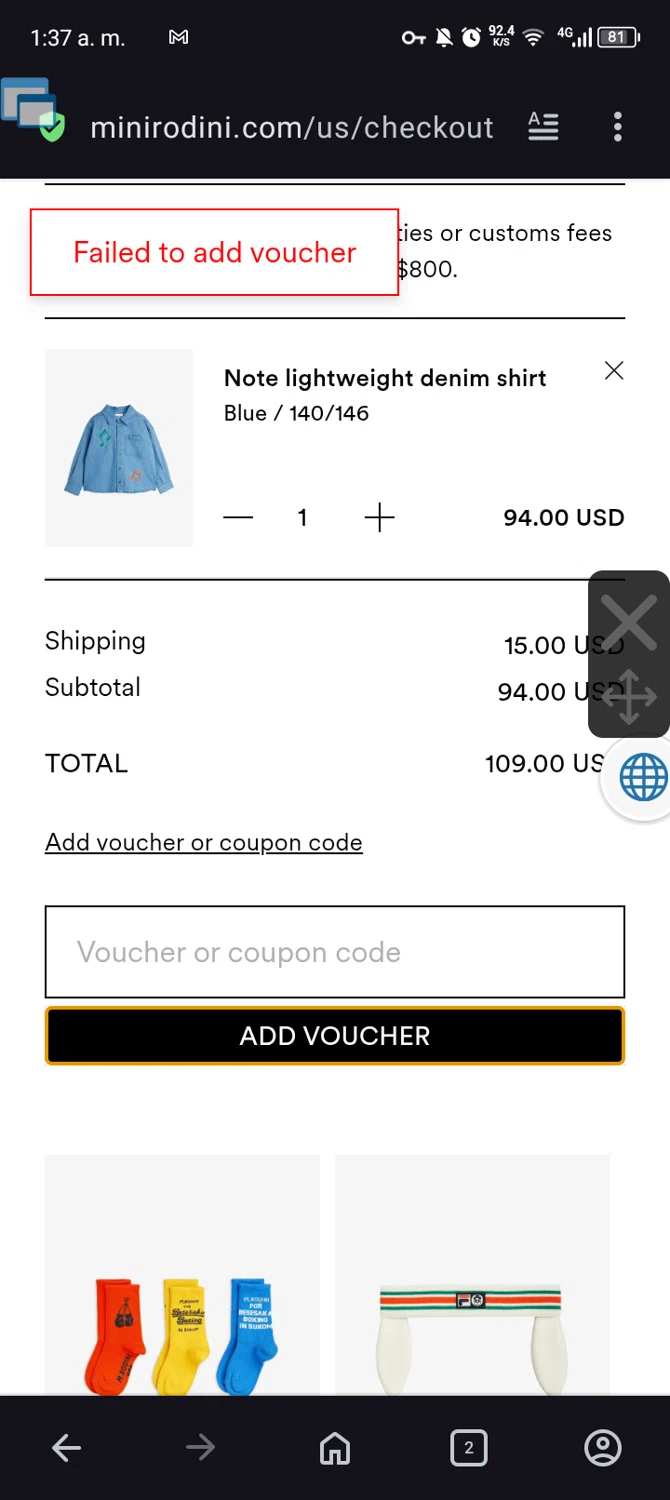 Mini Rodini coupon code screenshot showing code springtreat applied at Mini Rodini checkout page. Uploaded by SimplyCodes community member MANTEQUILLA_MAVESA on Apr 1, 2025
