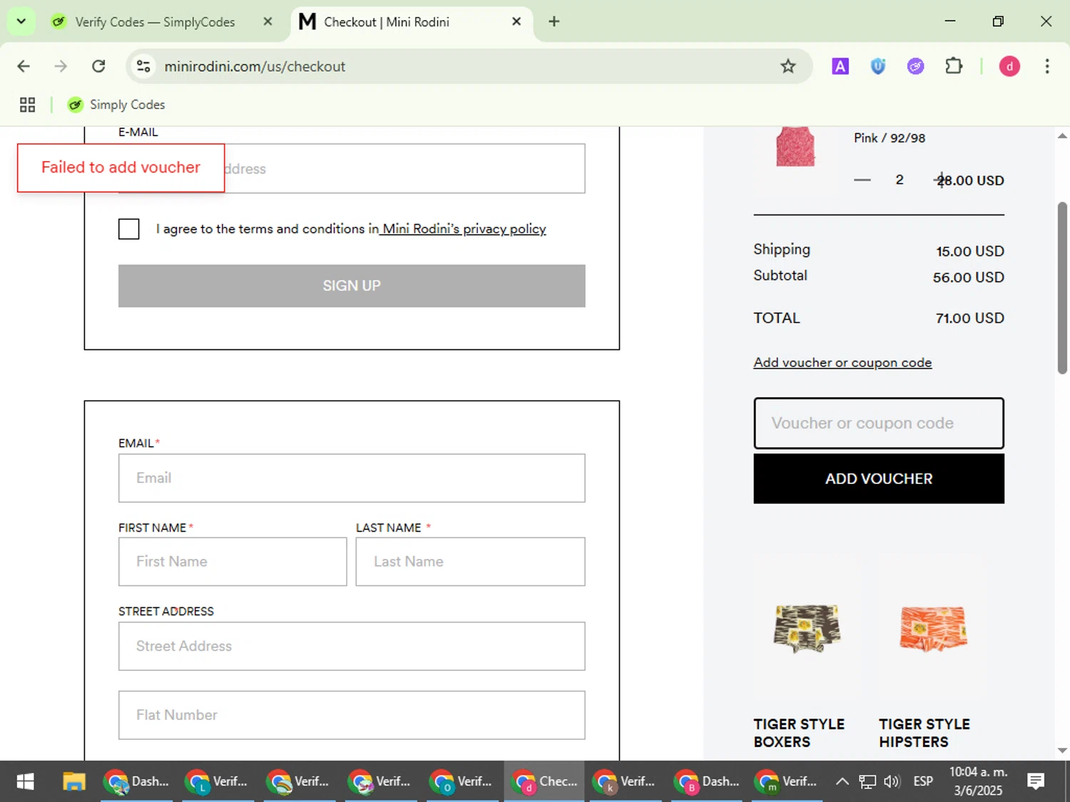 Mini Rodini coupon code screenshot showing code freeshipping applied at Mini Rodini checkout page. Uploaded by SimplyCodes community member BudgetVoyager5452 on Jun 3, 2025