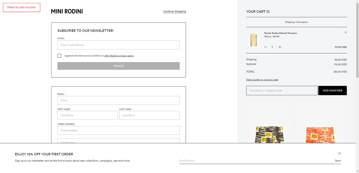 Mini Rodini coupon code screenshot showing code freeshipping applied at Mini Rodini checkout page. Uploaded by SimplyCodes community member ValiantAce1810 on Jun 3, 2025