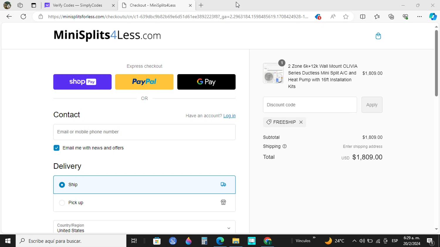 MiniSplits4Less checkout page showing MiniSplits4Less coupon code box | Screenshot taken by SimplyCodes community member on Feb 20, 2024