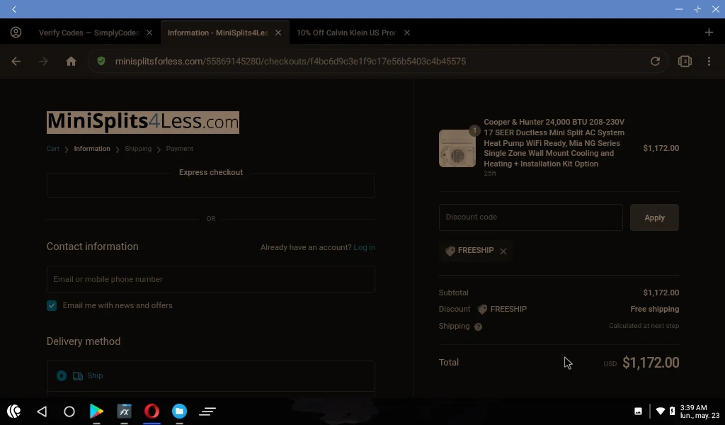 MiniSplits4Less checkout page showing MiniSplits4Less coupon code box | Screenshot taken by SimplyCodes community member on May 23, 2022