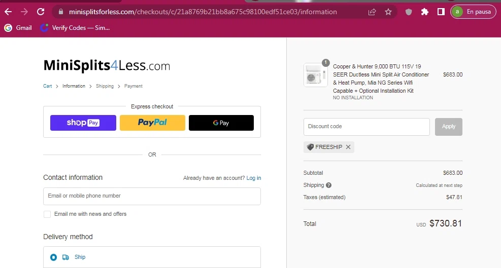 MiniSplits4Less checkout page showing MiniSplits4Less coupon code box | Screenshot taken by SimplyCodes community member on Aug 24, 2022