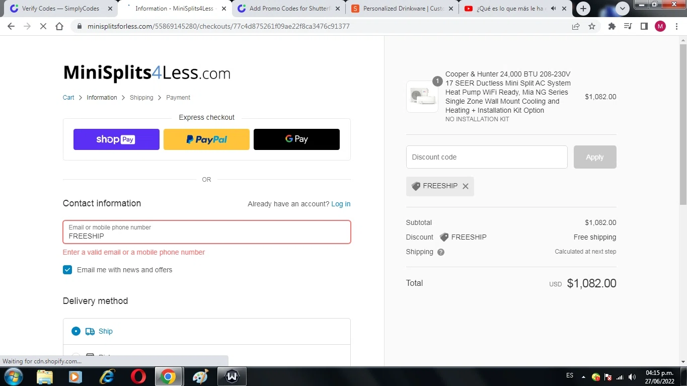MiniSplits4Less checkout page showing MiniSplits4Less coupon code box | Screenshot taken by SimplyCodes community member on Jun 27, 2022