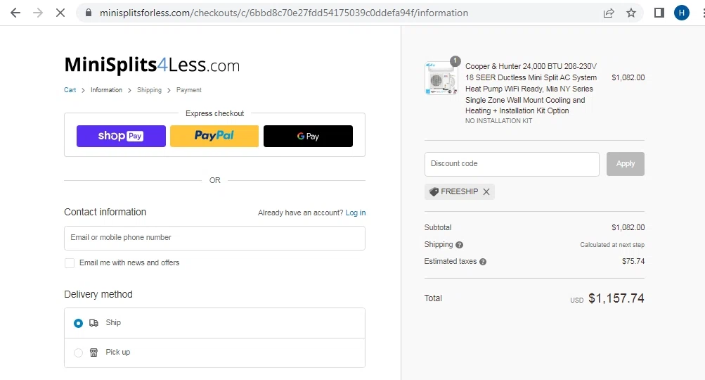 MiniSplits4Less checkout page showing MiniSplits4Less coupon code box | Screenshot taken by SimplyCodes community member on Oct 21, 2022