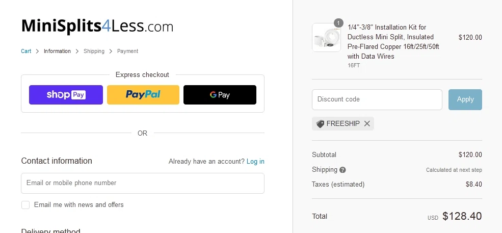 MiniSplits4Less checkout page showing MiniSplits4Less coupon code box | Screenshot taken by SimplyCodes community member on Aug 24, 2022