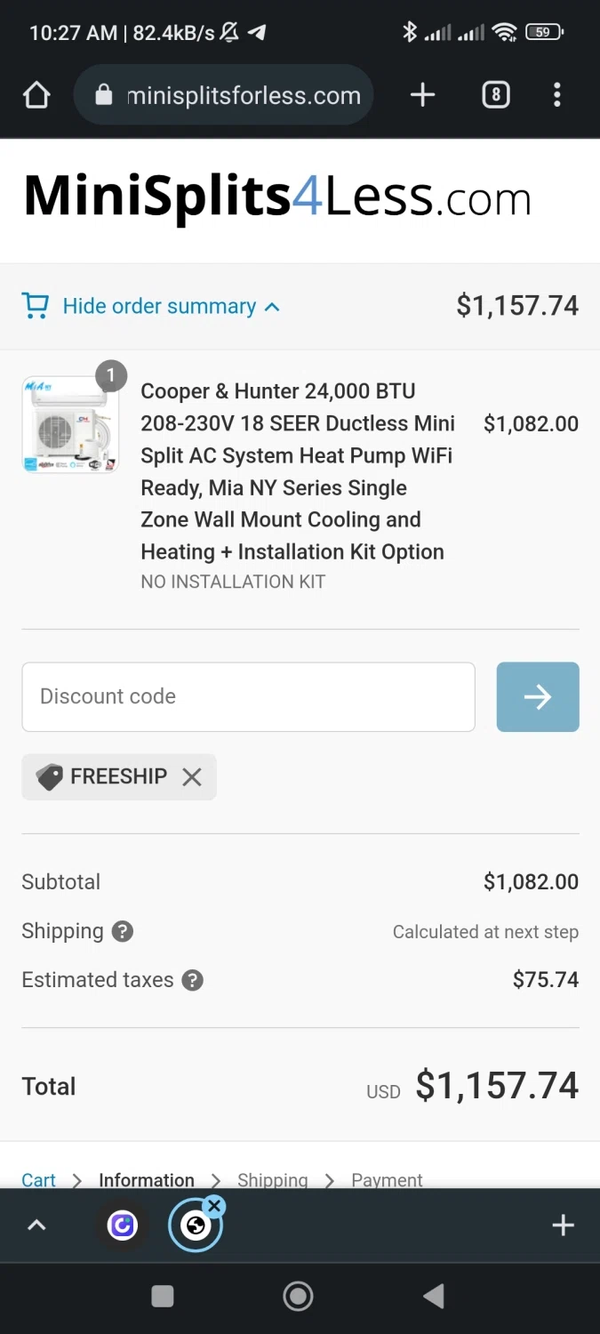 MiniSplits4Less checkout page showing MiniSplits4Less coupon code box | Screenshot taken by SimplyCodes community member on Nov 19, 2022