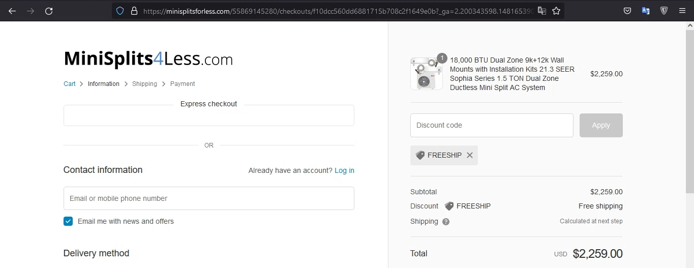 MiniSplits4Less checkout page showing MiniSplits4Less coupon code box | Screenshot taken by SimplyCodes community member on Jul 26, 2022