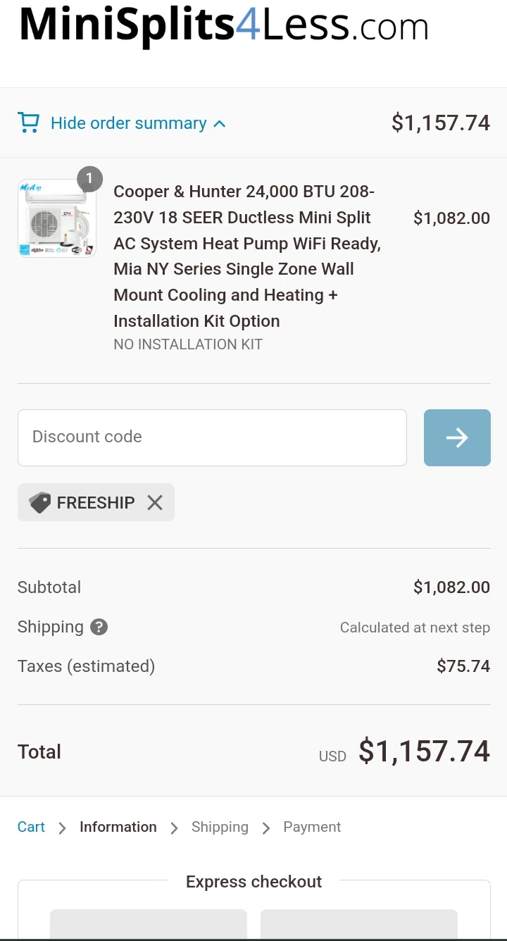 MiniSplits4Less checkout page showing MiniSplits4Less coupon code box | Screenshot taken by SimplyCodes community member on Sep 22, 2022